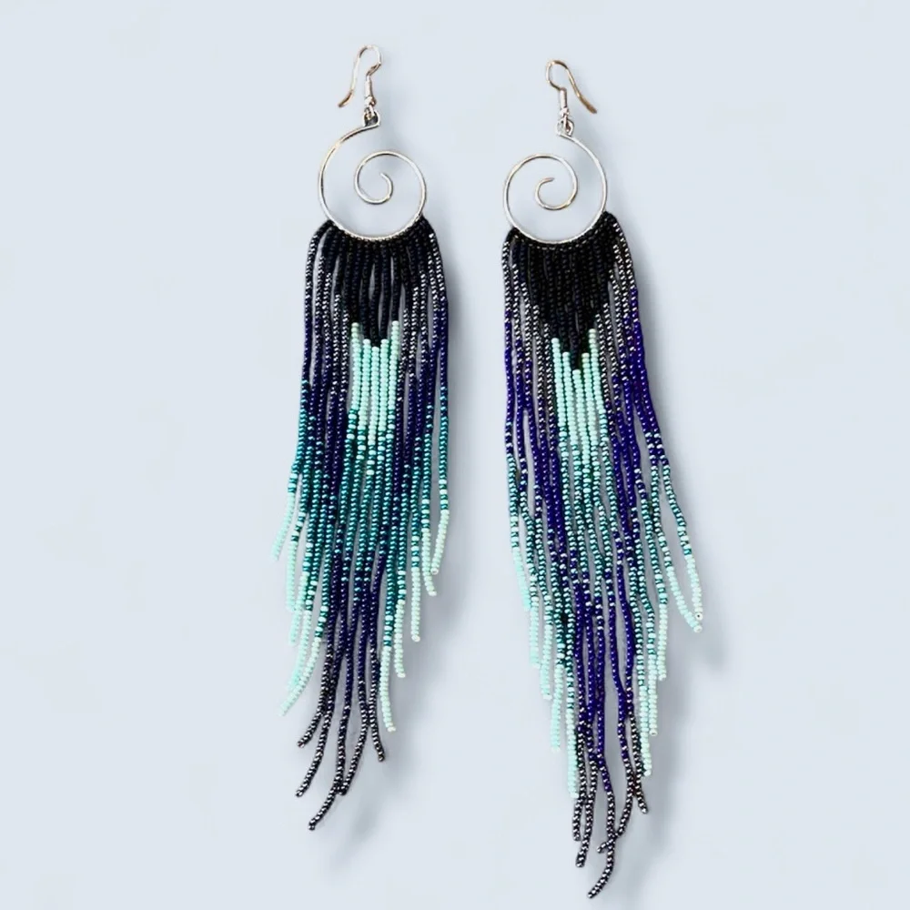 Who’s got the blues? Hand Beaded Chandelier Beaded Earrings Blues Purples - Picture 1 of 17